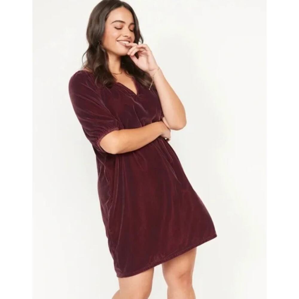 Old Navy Size Large Tall Puff Sleeve Crushed Velvet Dark Red Maroon Shift Dress